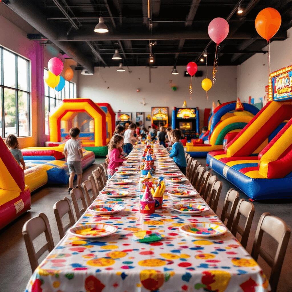 Ultimate Guide to Kids' Birthday Party Places Near You: Fun, Affordable, and Memorable Celebrations A colorful indoor play area filled with inflatable bounce houses, arcade games, and a vibrant pizza party setup, capturing the joyful energy of children playing and celebrating amidst soft lighting and festive decorations.