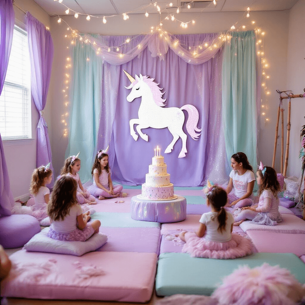 Ultimate Guide to Kids' Birthday Party Places Near You: Fun, Affordable, and Memorable Celebrations A magical unicorn-themed party at The Little Gym, featuring pastel decorations, a glittery unicorn backdrop, comfortable seating with iridescent fabrics, twinkling fairy lights, and children in unicorn outfits celebrating around a birthday child blowing out candles on a tiered unicorn cake.