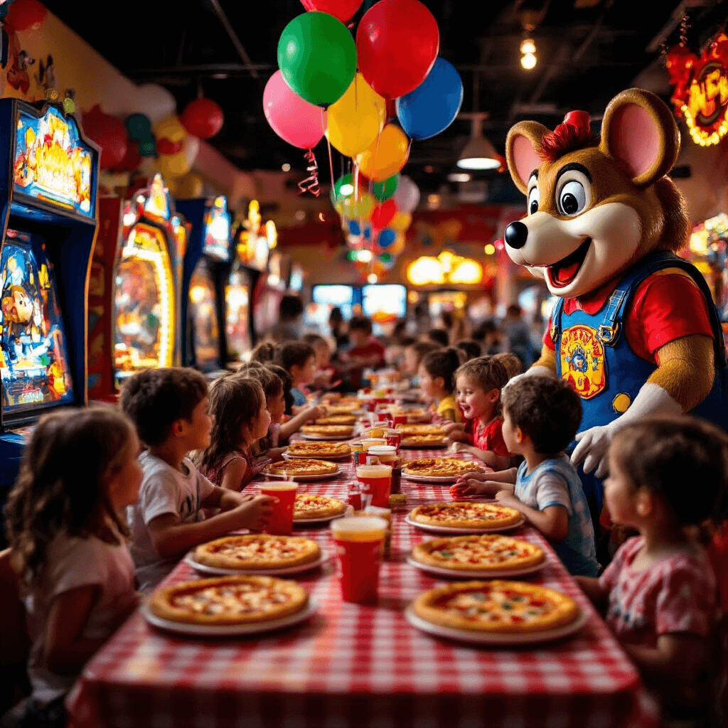 Ultimate Guide to Kids' Birthday Party Places Near You: Fun, Affordable, and Memorable Celebrations A lively Chuck E. Cheese party scene featuring children enjoying arcade games, a decorated private party section with balloons and a birthday banner, a large animatronic Chuck E. Cheese, tables with pizzas and drinks, all under warm lighting that enhances the festive atmosphere.