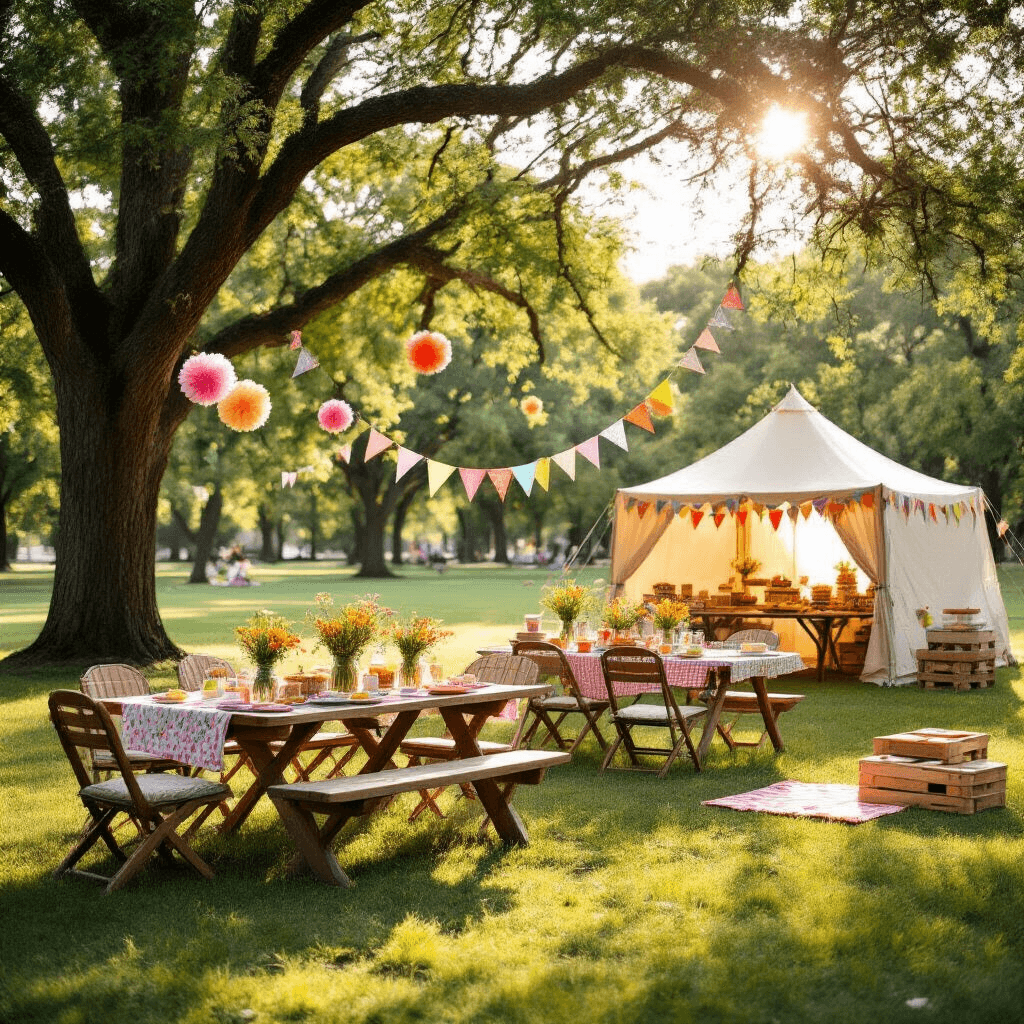 Ultimate Guide to Kids' Birthday Party Places Near You: Fun, Affordable, and Memorable Celebrations A sun-dappled city park adorned for a DIY birthday celebration with a portable party tent, colorful picnic tables, wildflower-filled mason jars, handmade bunting, tissue paper pom-poms, a dessert table of homemade treats, and lawn games like oversized Jenga and cornhole, all bathed in a warm golden hour glow.