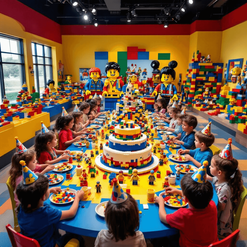 Ultimate Guide to Kids' Birthday Party Places Near You: Fun, Affordable, and Memorable Celebrations A vibrant LEGO-themed party scene featuring a central table with a massive LEGO cake, colorful minifigure place settings, and children engaged in building challenges amidst oversized LEGO characters and a playful LEGO brick pit.