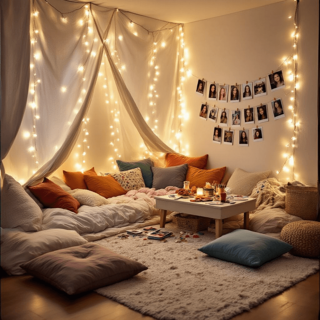 13th Birthday Party Ideas: The Ultimate Guide to Creating an Unforgettable Teenage Celebration A cozy living room transformed for a budget-friendly sleepover party, featuring fairy lights draping the walls, a fort made from sheets and cushions, a low table with snacks and crafts, floor cushions, and a DIY photo wall decorated with Polaroid photos. The scene is captured from a low angle, emphasizing the inviting atmosphere and personal touches.