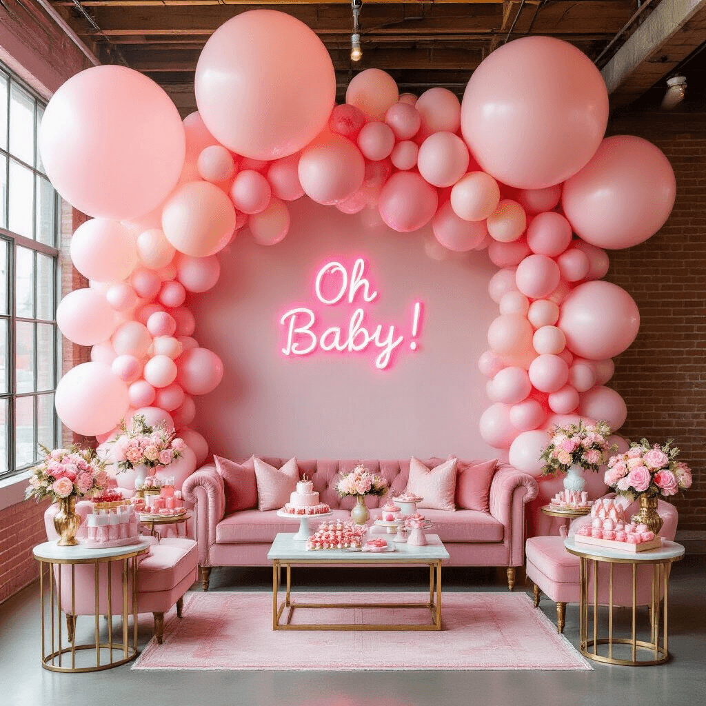 Pink Balloons: Your Ultimate Guide to Stunning Event Styling A chic baby shower setup in a pink balloon wonderland featuring oversized confetti-filled balloons, velvet pink sofas, a DIY flower crown station with fresh blooms, a marble-topped dessert bar with a 'Ready to Pop' cake, and a gift table adorned with wrapped presents, pink balloon bouquets, and a neon sign saying 'Oh Baby!'.