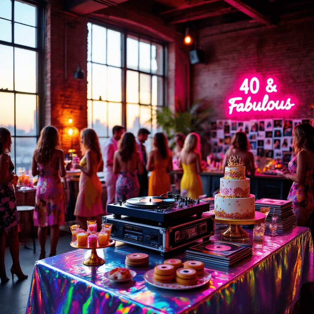 Throwing an Unforgettable 40th Birthday Party: Your Ultimate Guide to Celebration Success A vibrant retro throwback party in a chic urban loft, featuring golden hour light, neon decor, a vintage record player, guests in 80s-inspired outfits, holographic tablecloths, a neon '40 & Fabulous' sign, a wall of Polaroid photos, and a dessert table with a cassette tape cake.