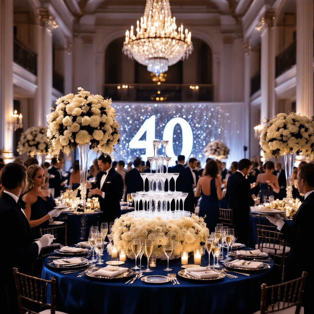 Throwing an Unforgettable 40th Birthday Party: Your Ultimate Guide to Celebration Success An elegant black-tie soirée in a grand ballroom with crystal chandeliers, guests in tuxedos and gowns, midnight blue silk tables with floral centerpieces, a champagne tower, and a stunning sequin backdrop featuring a '40' ice sculpture.