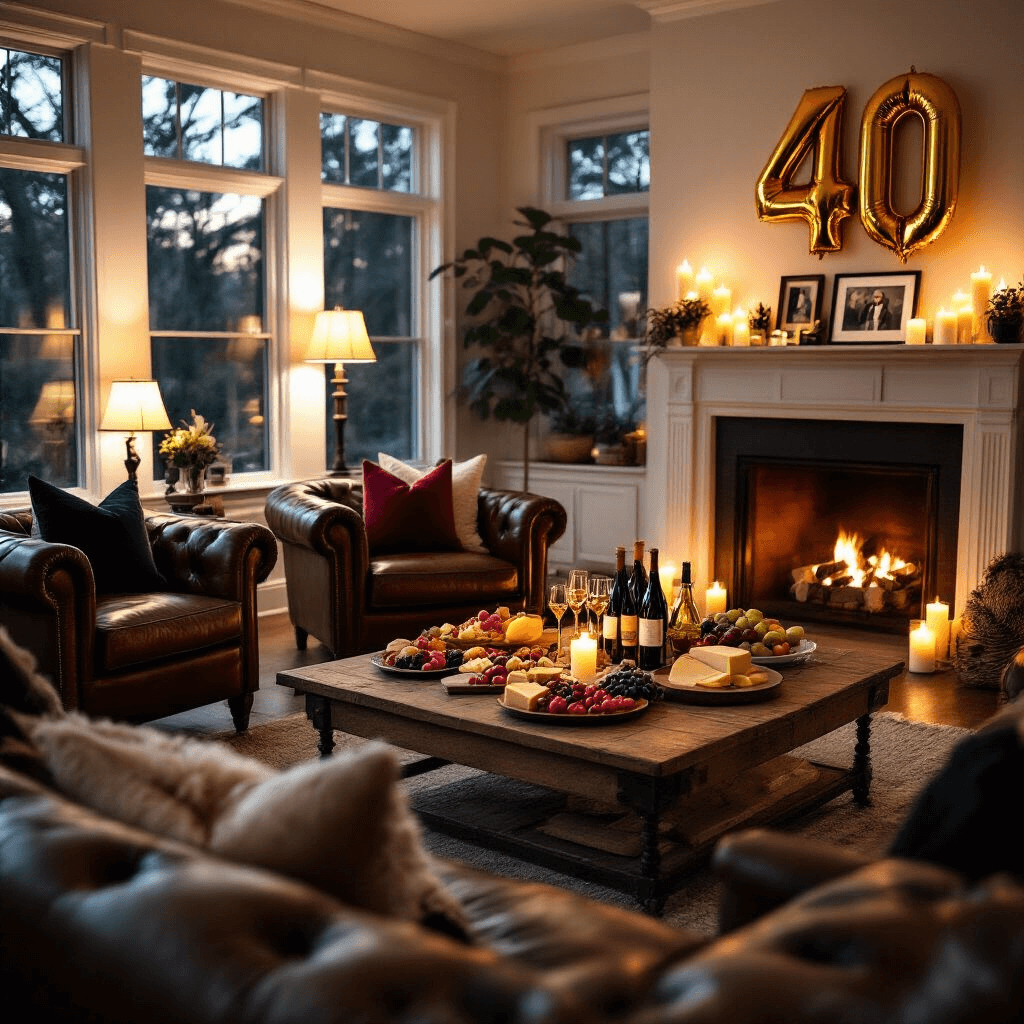 Throwing an Unforgettable 40th Birthday Party: Your Ultimate Guide to Celebration Success A cozy living room celebration features warm lighting, a fireplace decorated with gold '40' balloons, and inviting seating. A rustic coffee table is set with gourmet cheeses, fruits, and wine. Rich jewel-toned throw pillows and black and white photos of the guest of honor add to the intimate atmosphere.