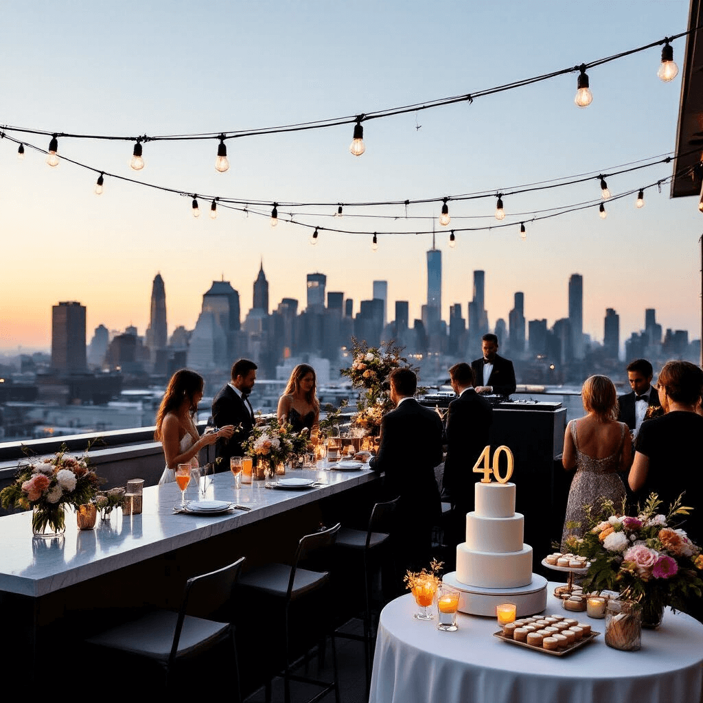 Throwing an Unforgettable 40th Birthday Party: Your Ultimate Guide to Celebration Success A chic rooftop celebration at dusk featuring a twinkling city skyline, sleek high-top tables with white linens, a modern marble bar serving cocktails with edible flowers, minimalist floral arrangements, strings of Edison bulbs, a DJ on a raised platform, and a dessert station with macarons and a 'naked' cake, all surrounded by guests in cocktail attire mingling and posing for photos.