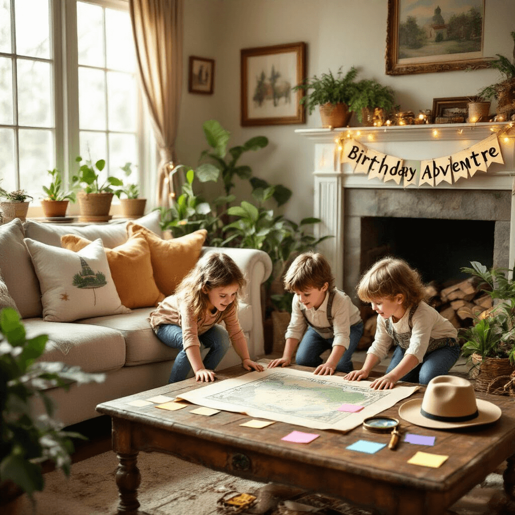 Epic Birthday Party Games: From Kids to Adults - Your Ultimate Guide A cozy living room filled with soft morning light features excited children aged 6-8 on a treasure hunt, searching for clues among vintage furniture and potted plants. Colorful sticky notes are visible behind picture frames and decorative pillows. A hand-drawn treasure map is laid out on a rustic coffee table, accompanied by magnifying glasses and explorer hats. Strings of fairy lights illuminate the scene, and a 'Birthday Adventure' banner decorates the fireplace mantle, creating a whimsical, adventurous atmosphere in muted pastels with gold accents.