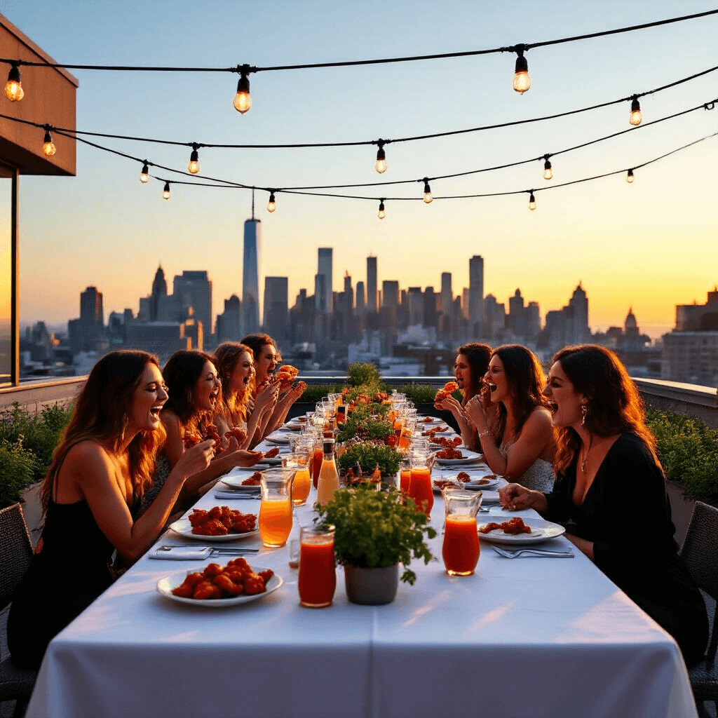 Epic Birthday Party Games: From Kids to Adults - Your Ultimate Guide An elegant rooftop terrace at golden hour hosts an adult 'Hot Ones' challenge, featuring a long table with vibrant hot sauces and sophisticated place settings. Participants in cocktail attire react with laughter as they taste spicy wings, illuminated by string lights and a backdrop of the sunset city skyline. Potted herbs and flowers enhance the contemporary space.