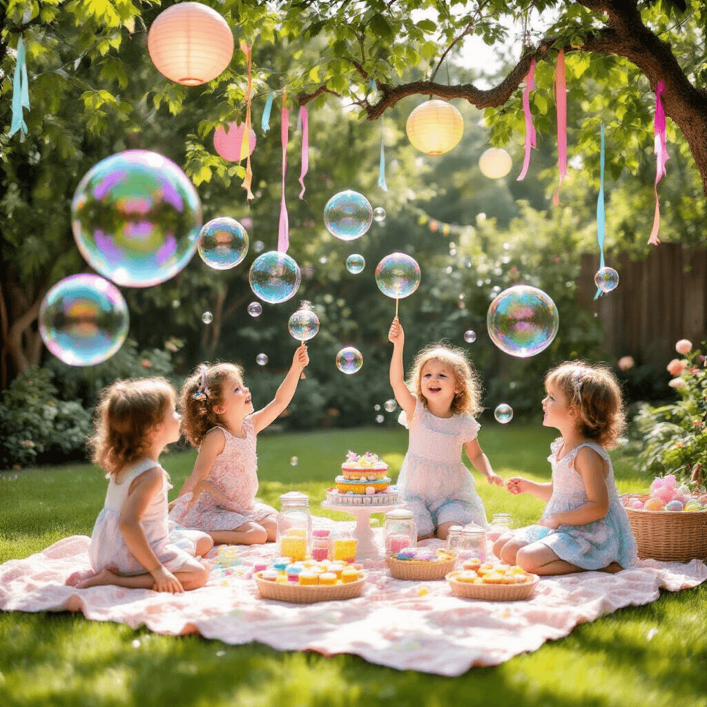 Epic Birthday Party Games: From Kids to Adults - Your Ultimate Guide A sunlit backyard birthday party scene with children joyfully chasing giant iridescent bubbles, a vintage bubble-making station with ornate wands, picnic blankets with pastel cupcakes, and decorations of paper lanterns and rainbow ribbons.