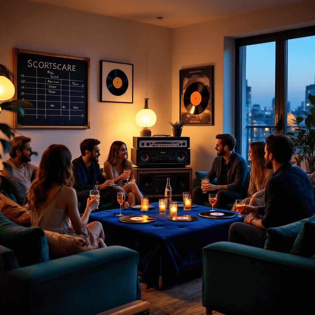 Epic Birthday Party Games: From Kids to Adults - Your Ultimate Guide An intimate 'Name That Tune' party in a stylish apartment with a sleek sound system, jewel-toned lounge seating, a navy velvet-covered table, and guests enjoying cocktails. The warm lighting and music memorabilia create a cozy atmosphere, while a vintage chalkboard scoreboard adds a playful element. The decor features deep blues, emerald greens, and gold accents.