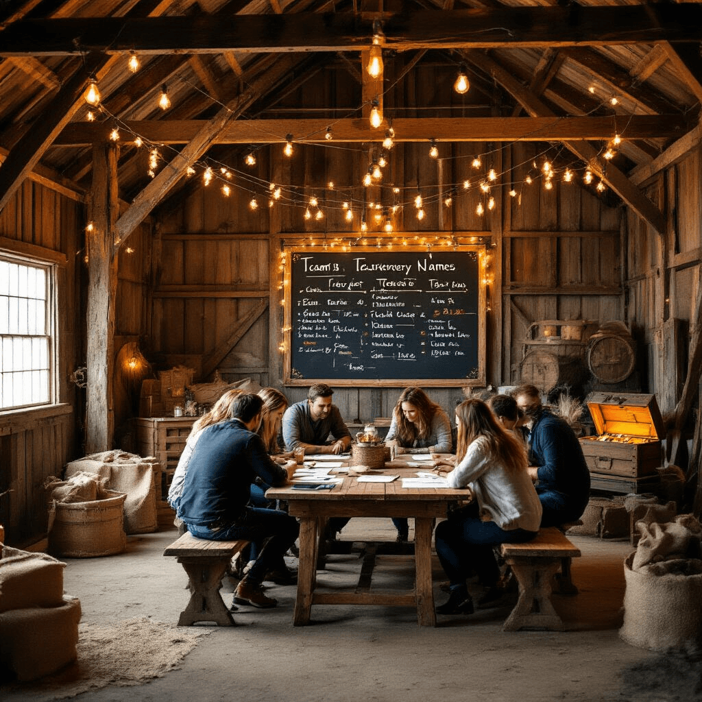 Epic Birthday Party Games: From Kids to Adults - Your Ultimate Guide A vibrant adult scavenger hunt in a rustic barn, featuring teams at wooden tables with clue lists, themed zones with props like a mock archaeological dig and a locked treasure chest, illuminated by fairy lights and Edison bulbs, with a chalkboard showing scores and creative team names amidst burlap and metallic decor.