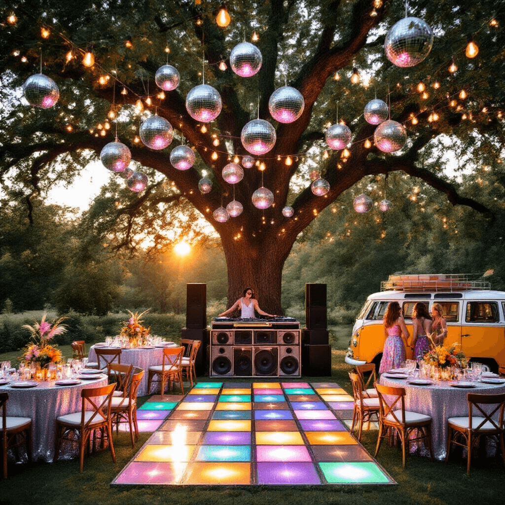 Unforgettable Adult Birthday Party Ideas: Your Ultimate Guide to Epic Celebrations Outdoor garden party celebrating a retro disco theme, featuring a grand oak tree adorned with disco balls and fairy lights, a light-up dance floor, round tables with shimmering silver sequin tablecloths and metallic balloon centerpieces, a DJ booth made from vintage speakers, and guests in vibrant bell-bottoms posing by a flower-decorated VW bus, all bathed in warm golden sunset light.