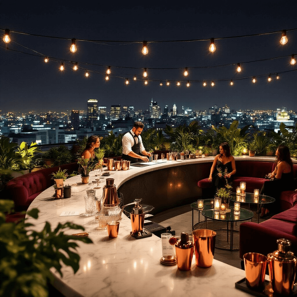 Unforgettable Adult Birthday Party Ideas: Your Ultimate Guide to Epic Celebrations Upscale rooftop terrace featuring a curved marble bar with copper shakers and crystal glasses, intimate velvet seating areas with cocktail kits, lush plants, Edison bulb lighting, and a master mixologist demonstrating techniques to guests in cocktail attire against a backdrop of city lights.