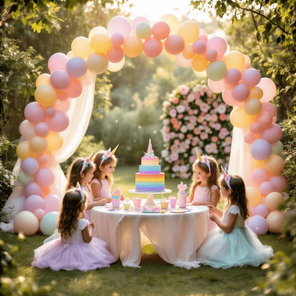 Epic Birthday Party Themes 2025: Your Ultimate Guide to Unforgettable Celebrations A whimsical birthday party in a sunlit garden featuring pastel balloon arches, a rainbow cake, children in unicorn headbands, a glitter-filled crafting station, soft tulle draperies, and a flower wall backdrop, all bathed in warm golden hour light.