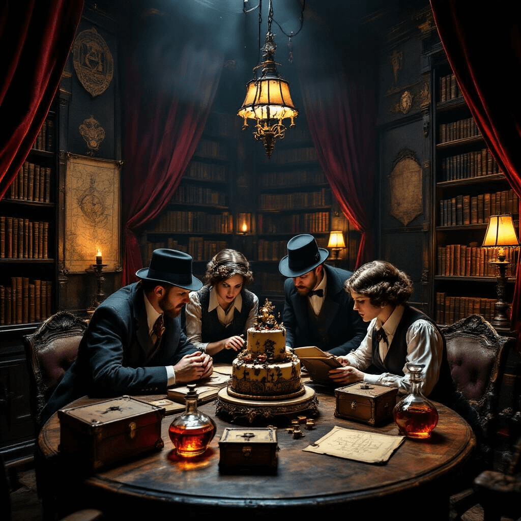 Epic Birthday Party Themes 2025: Your Ultimate Guide to Unforgettable Celebrations A vintage library escape room birthday celebration with adults in 1920s attire solving puzzles around ornate boxes, flickering candles, and a steampunk cake, set against a backdrop of leather-bound books and cryptic symbols.
