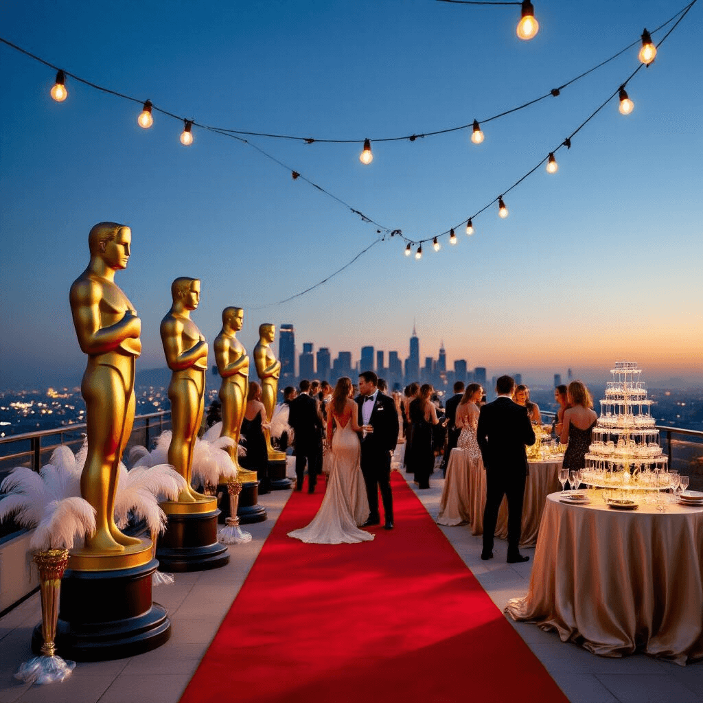 Epic Birthday Party Themes 2025: Your Ultimate Guide to Unforgettable Celebrations A glamorous Vintage Hollywood party on a rooftop terrace at twilight, featuring a red carpet, life-sized Oscar statues, and guests in elegant attire amidst art deco decor and a champagne tower, with a twinkling city skyline backdrop.