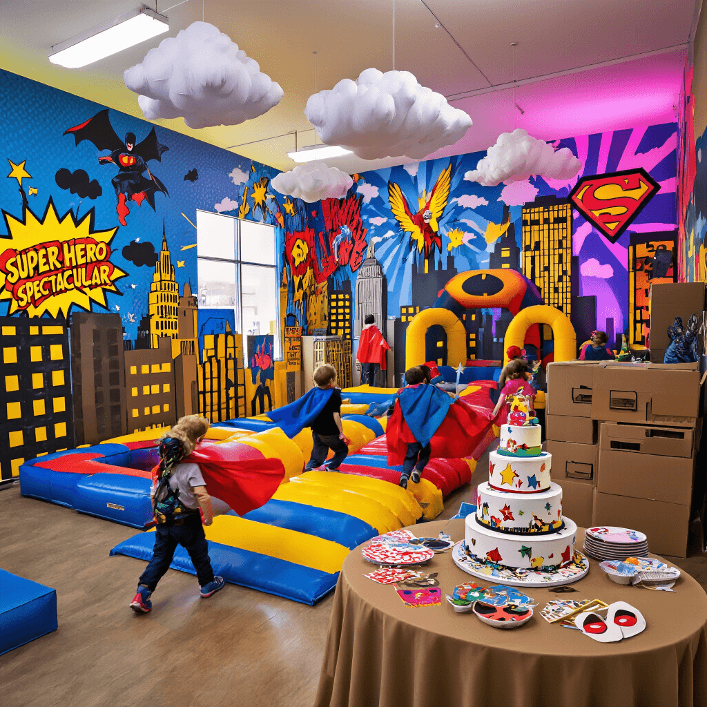 Epic Birthday Party Themes 2025: Your Ultimate Guide to Unforgettable Celebrations A vibrant community center transformed for a superhero event, featuring colorful comic book murals, cardboard cityscapes, children in capes navigating an inflatable obstacle course, a dessert table with a comic panel cake, and interactive stations for creating masks and testing 'superpowers', all under bold, primary-colored lighting.