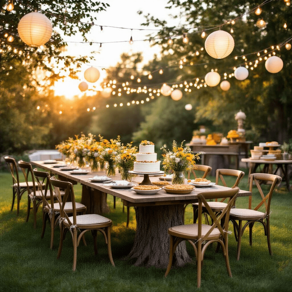 Epic Birthday Party Themes 2025: Your Ultimate Guide to Unforgettable Celebrations An elegant backyard celebration at golden hour with mismatched vintage chairs, long wooden tables decorated with wildflower bouquets in mason jars, and fairy lights overhead. A dessert station features a naked cake on a tree stump and homemade pies, while lawn games and a polaroid guest book station are set up on the lush green grass. The scene is captured from a low angle, highlighting the rustic-chic atmosphere illuminated by the golden sunset.