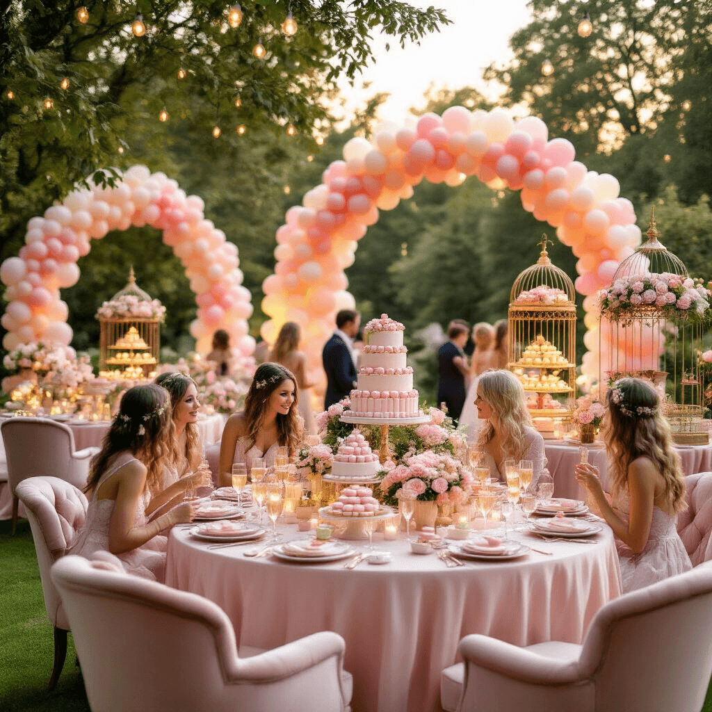 Stunning Birthday Party Decorations: Transform Your Celebration from Boring to Brilliant! A whimsical garden party scene at golden hour with blush pink silk tables, towering balloon arches, ornate birdcage centerpieces filled with flowers, a dessert cart with pastel treats, guests in plush velvet chairs, and soft warm lighting creating a magical atmosphere.
