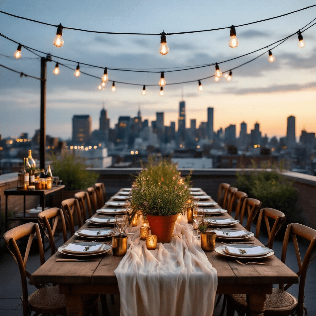 Stunning Birthday Party Decorations: Transform Your Celebration from Boring to Brilliant! An intimate rooftop celebration at twilight with a long farmhouse table decorated with an ivory runner, brass candleholders, and rustic terracotta pots of herbs and wildflowers. Edison bulbs provide warm lighting, while mismatched vintage chairs surround the table. A bar cart with artisanal cocktails in copper mugs is nearby, against a backdrop of a twinkling city skyline.