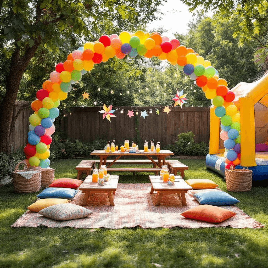 Stunning Birthday Party Decorations: Transform Your Celebration from Boring to Brilliant! A vibrant children's birthday party in a sunlit backyard featuring a colorful balloon rainbow arch over a picnic area with low tables and primary-colored cushions, a DIY lemonade stand with Mason jars, oversized pinwheels and kites along the fence, a bounce house in the corner, and fairy lights strung between trees, all captured from an elevated angle.