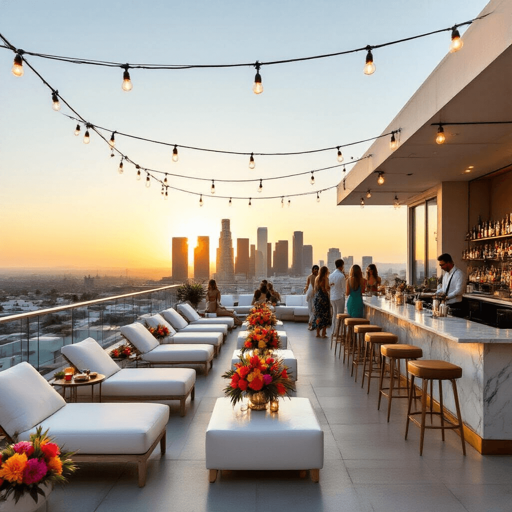 Epic Birthday Party Places: Your Ultimate Guide to Unforgettable Celebrations A stylish rooftop lounge in Los Angeles at golden hour, featuring sleek white loungers, tropical centerpieces, string lights, a marble bar with brass accents, and guests enjoying colorful cocktails against a stunning cityscape backdrop.
