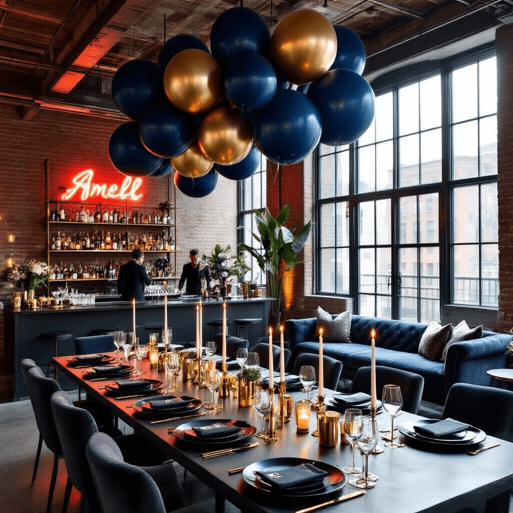 Epic Birthday Party Places: Your Ultimate Guide to Unforgettable Celebrations A stylish New York City loft set for an evening soirée, featuring exposed brick, a long communal table with black plates and gold cutlery, balloon installations in midnight blue and metallic gold, a cocktail bar with a neon sign, and a cozy lounge area with velvet sofas.