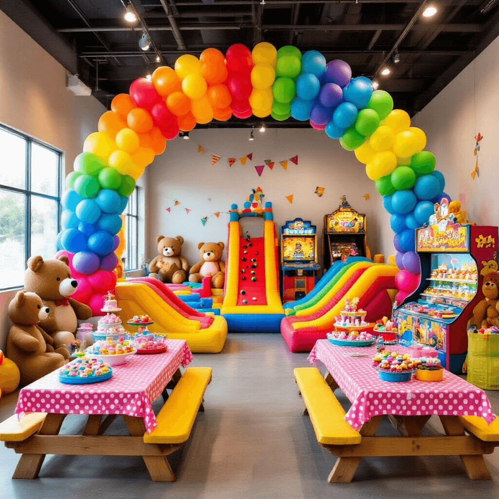 Epic Birthday Party Places: Your Ultimate Guide to Unforgettable Celebrations A vibrant indoor adventure zone for a child's birthday party, featuring a towering rainbow balloon arch, inflatable obstacle courses, arcade games with flashing lights, a DIY slime station on polka dot tablecloths, a tiered display of colorful cake pops and themed cupcakes, oversized teddy bears, and playful cartoon cutouts, all brimming with energy and joy.