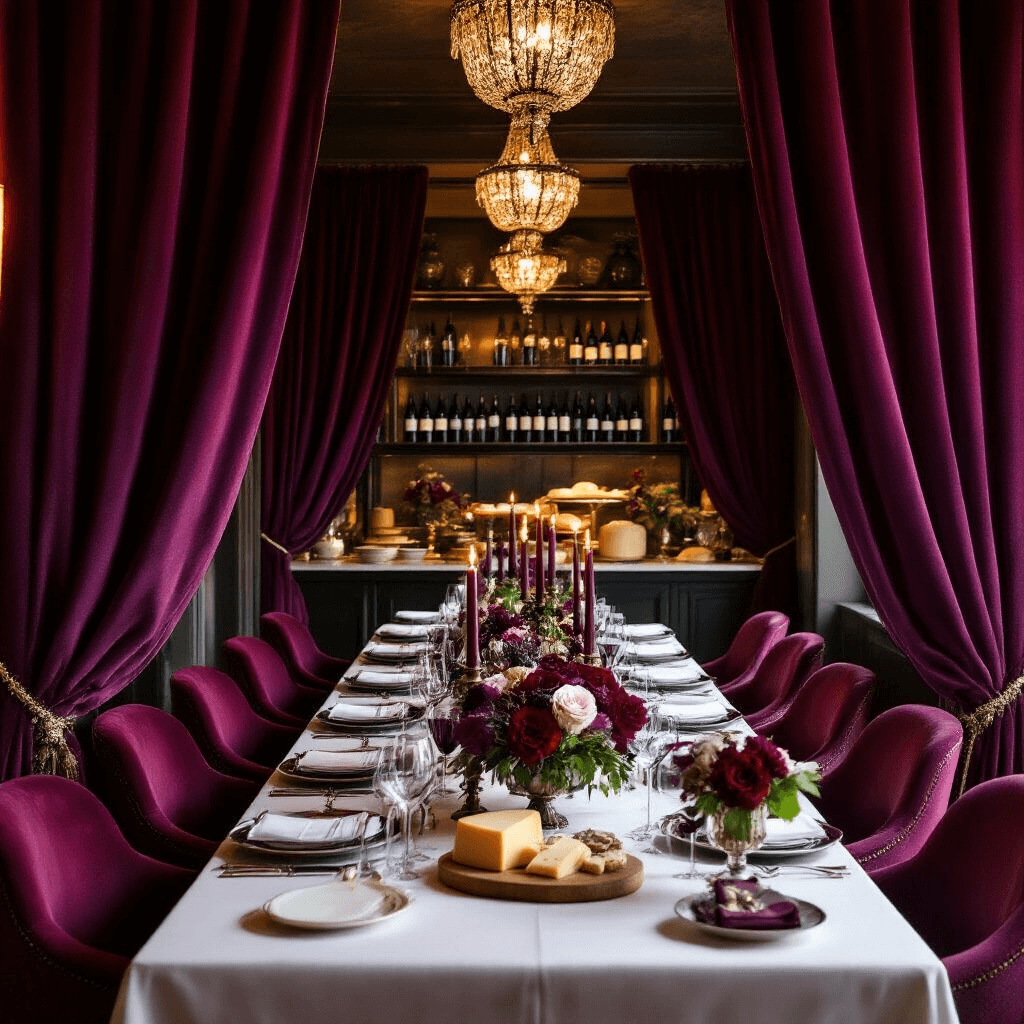 Epic Birthday Party Places: Your Ultimate Guide to Unforgettable Celebrations Intimate private dining room set for a birthday celebration, featuring a long table with fine china, crystal stemware, silver candelabras with burgundy candles, and lush floral arrangements in rich jewel tones, with a cheese and charcuterie display and wine bottles on shelves under soft chandelier lighting.