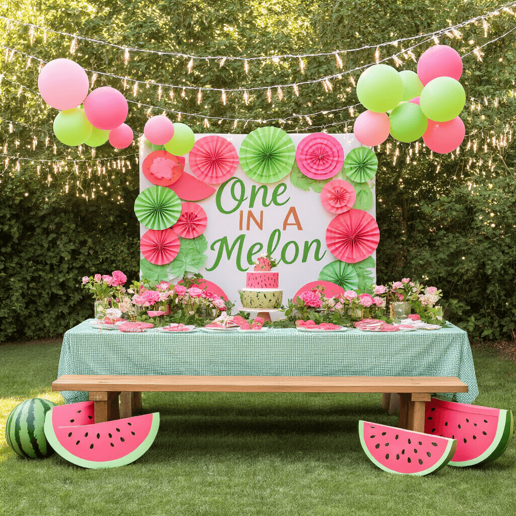 Magical First Birthday Party Ideas: Creating Unforgettable Memories for Your Little One A whimsical 'One in a Melon' first birthday party featuring a picnic table with a gingham tablecloth, fresh watermelon slices, pink flowers, and mint leaves, surrounded by pink and green balloons, fairy lights, a paper fan backdrop, cozy picnic blankets, and a watermelon-shaped smash cake.