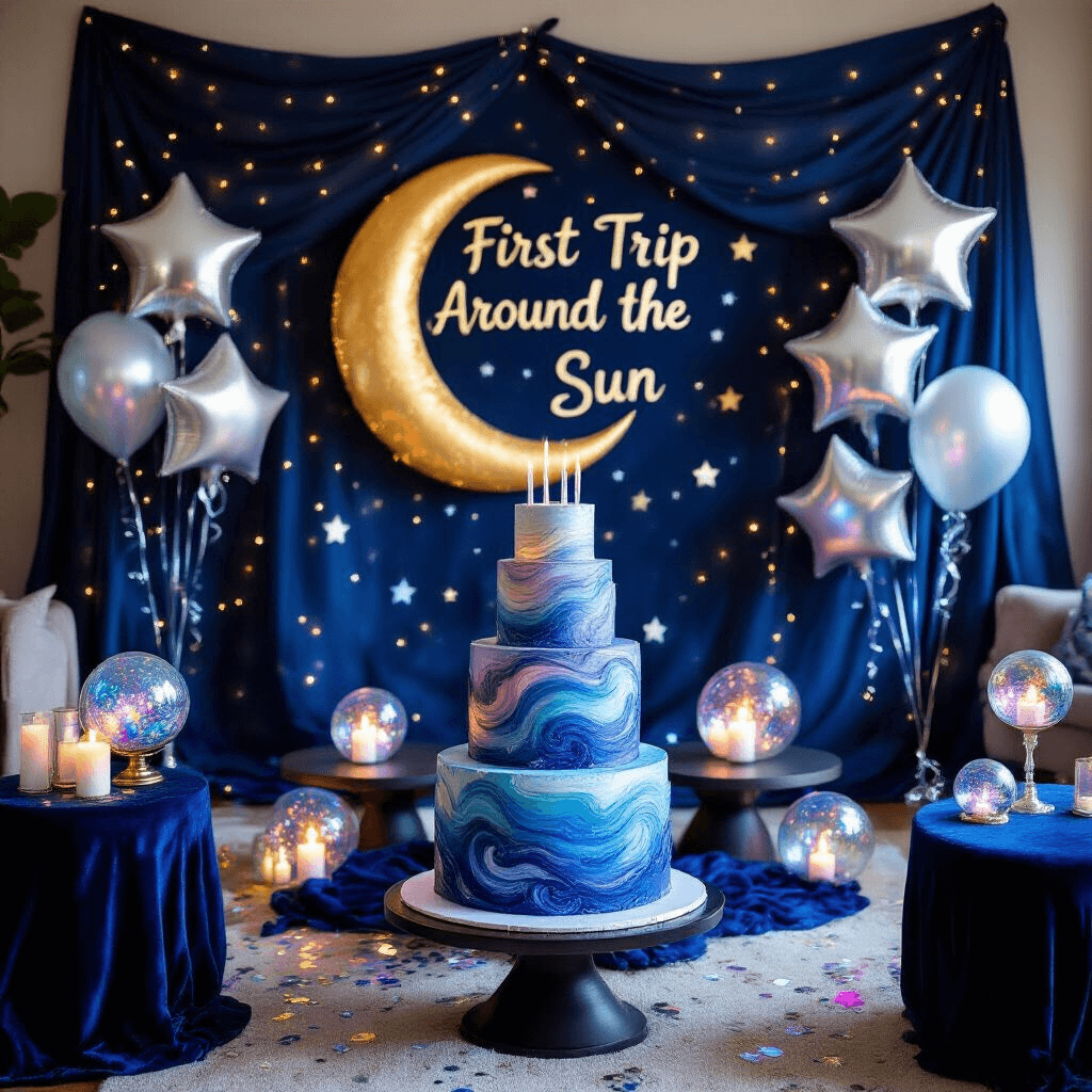 Magical First Birthday Party Ideas: Creating Unforgettable Memories for Your Little One A whimsical living room transformed into a celestial-themed party, featuring deep blue fabric walls adorned with LED stars, a golden crescent moon backdrop with silver star balloons, midnight blue velvet tables with constellation glass orbs and candles, a galaxy-themed birthday cake, plush metallic floor cushions, and a DIY cardboard rocket ship photo booth.