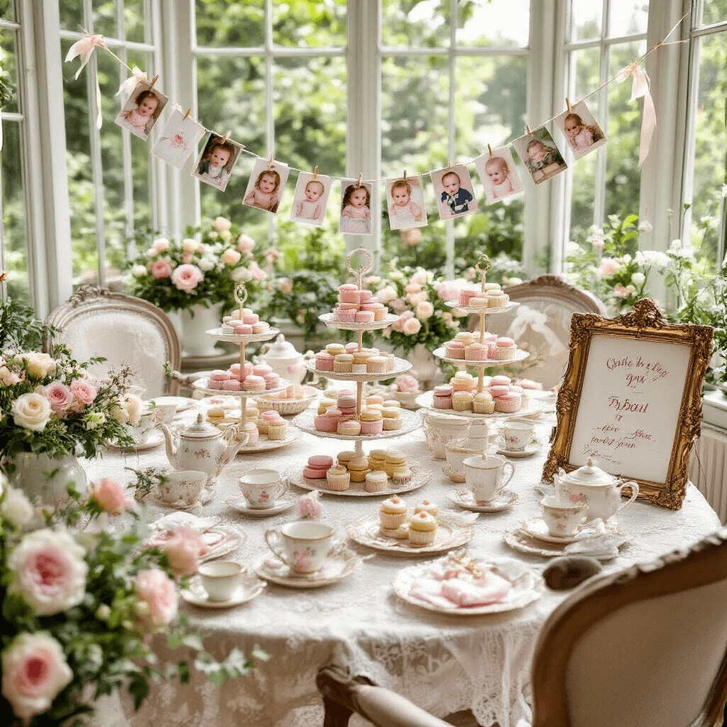 Magical First Birthday Party Ideas: Creating Unforgettable Memories for Your Little One A vintage-inspired first birthday tea party set in a sun-filled conservatory, featuring mismatched antique chairs around lace-covered tables adorned with pastel macarons, sandwiches, and cupcakes. Antique teapots filled with garden roses and baby's breath serve as centerpieces, with soft tulle and satin ribbons on chairs. A clothesline displays monthly photos of the birthday girl, while an ornate gold frame acts as a guest book station. The decorated high chair is surrounded by floral garlands and tulle bows, creating a charming atmosphere accompanied by soft classical music.