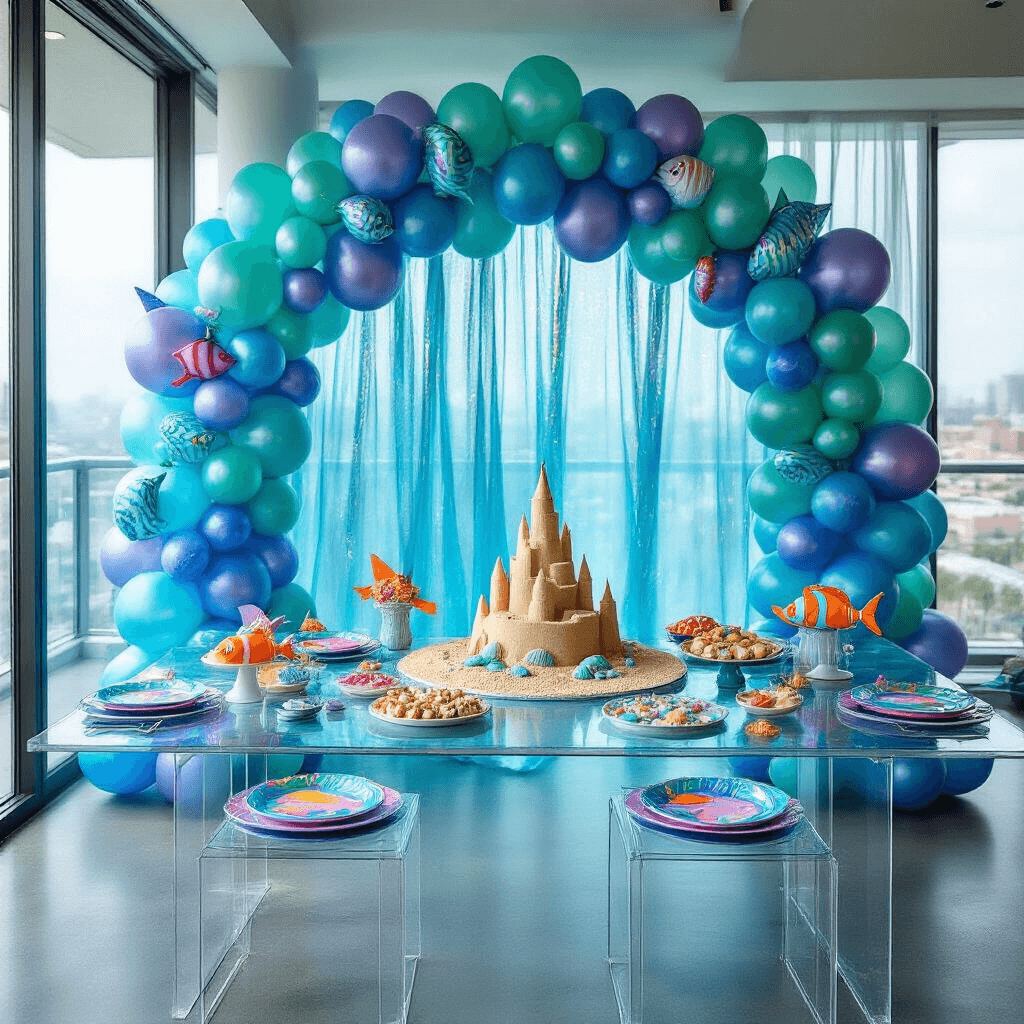 Magical First Birthday Party Ideas: Creating Unforgettable Memories for Your Little One A vibrant 'Under the Sea' first birthday party setup in a modern apartment with blue cellophane windows, a grand balloon arch, low acrylic tables with iridescent plates, a dessert island featuring a sandcastle cake, jellyfish lanterns, a bubble machine, and a ball pit 'rock pool' filled with blue and white balls, surrounded by oversized cardboard sea creature cutouts.