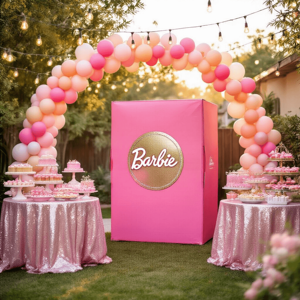 A Dreamy Barbie Birthday Bash: Your Ultimate Party Planning Guide A whimsical Barbie-themed birthday party in a sun-drenched backyard featuring a hot pink cardboard photo booth, sequined tablecloths, pastel cupcakes, balloon arches, fairy lights, and a dessert cart overflowing with pink treats.