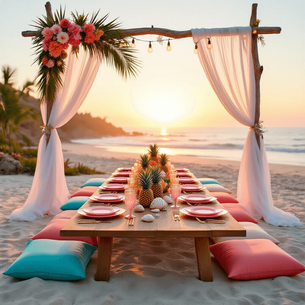 A Dreamy Barbie Birthday Bash: Your Ultimate Party Planning Guide An elegant beach party setup inspired by Malibu Barbie at sunset, featuring a long farmhouse table adorned with ombre pink plates and gold cutlery surrounded by plush floor cushions, a driftwood arch with seashells and fairy lights, and warm golden hues casting a dreamy atmosphere.
