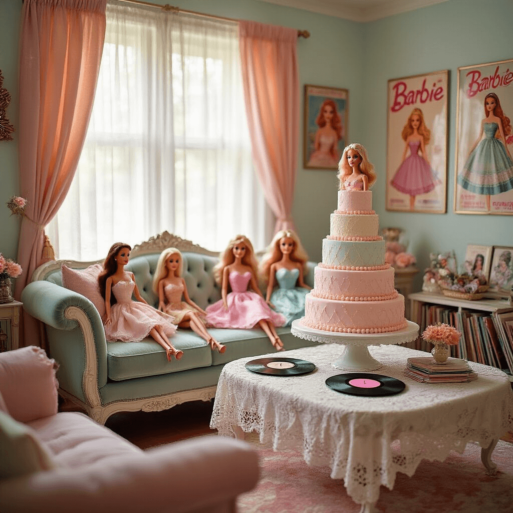 A Dreamy Barbie Birthday Bash: Your Ultimate Party Planning Guide A cozy vintage Barbie-themed living room with pastel colors, featuring a velvet settee with retro dolls, a lace-draped coffee table with a pearl-encrusted cake, and walls adorned with vinyl records and Barbie posters, all illuminated by soft morning light.