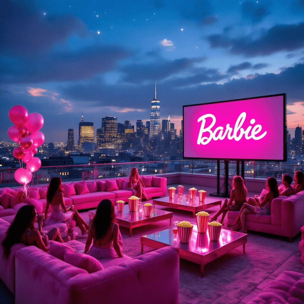 A Dreamy Barbie Birthday Bash: Your Ultimate Party Planning Guide A glamorous rooftop party for the Barbie movie premiere, featuring pink velvet sofas, rose gold popcorn buckets, custom cocktails, and a neon 'Barbie' sign, all set against a sparkling city skyline at night.