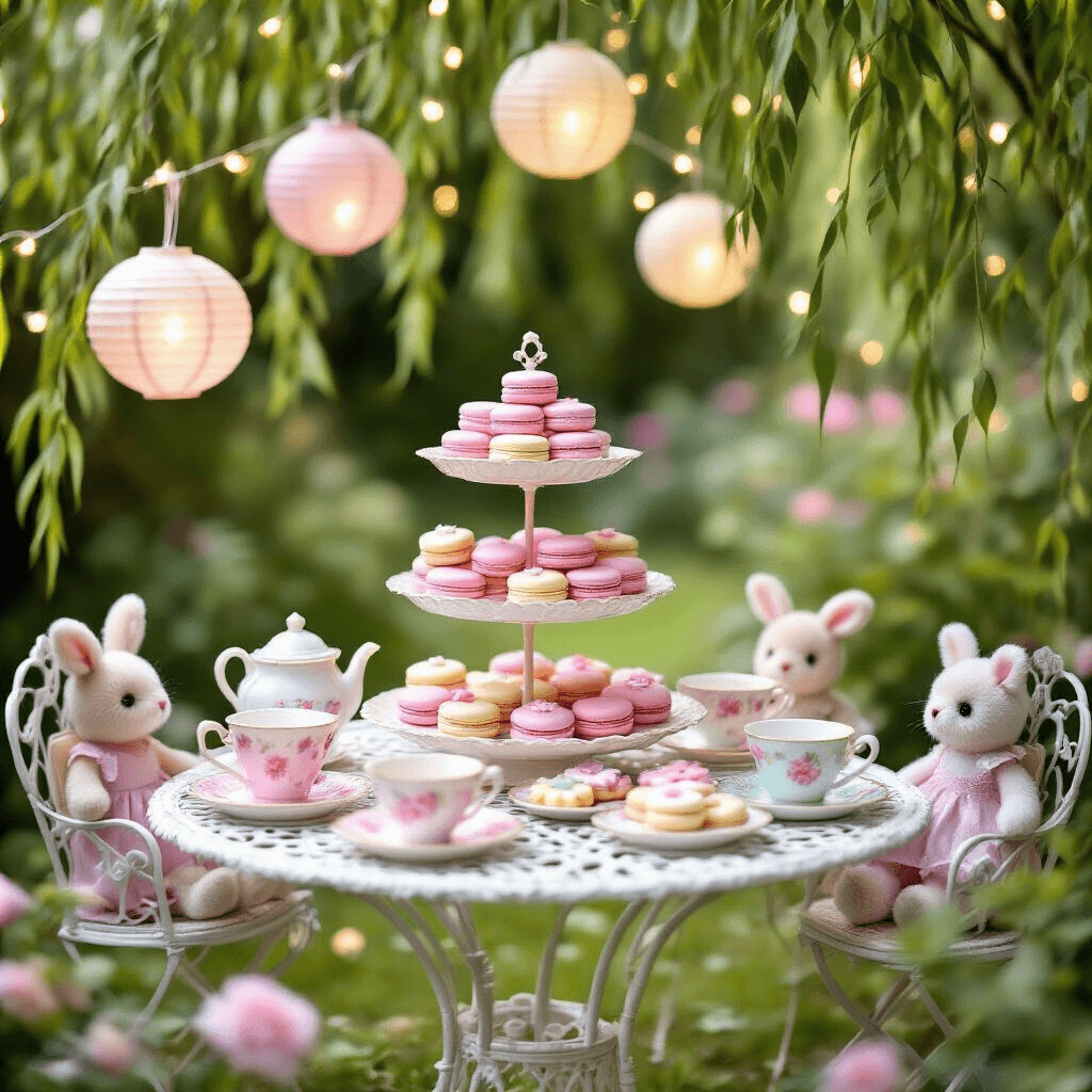 A Dreamy Barbie Birthday Bash: Your Ultimate Party Planning Guide A whimsical Barbie tea party set in a lush garden, featuring mismatched pastel teacups on a white wrought-iron table under a weeping willow. A tiered stand brimming with pink macarons and flower-shaped cookies complements delicate paper lanterns and fairy lights overhead. Plush rabbit and kitten stuffed animals sit as 'guests' in miniature chairs, with a dreamy bokeh-filled background enhancing the enchanting atmosphere.