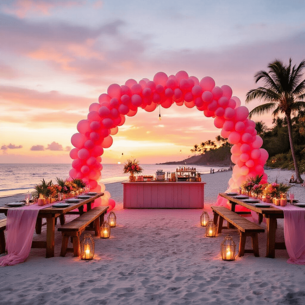 Pink Balloons: Your Ultimate Guide to Stunning Event Styling A beachfront celebration at sunset featuring an ombre pink balloon arch, wooden farm tables with pink runners and tropical centerpieces, a tiki torch-lit dance floor, a pink gin bar with copper mugs, and a s'mores station with pink marshmallows, all under a colorful sky and twinkling fairy lights.