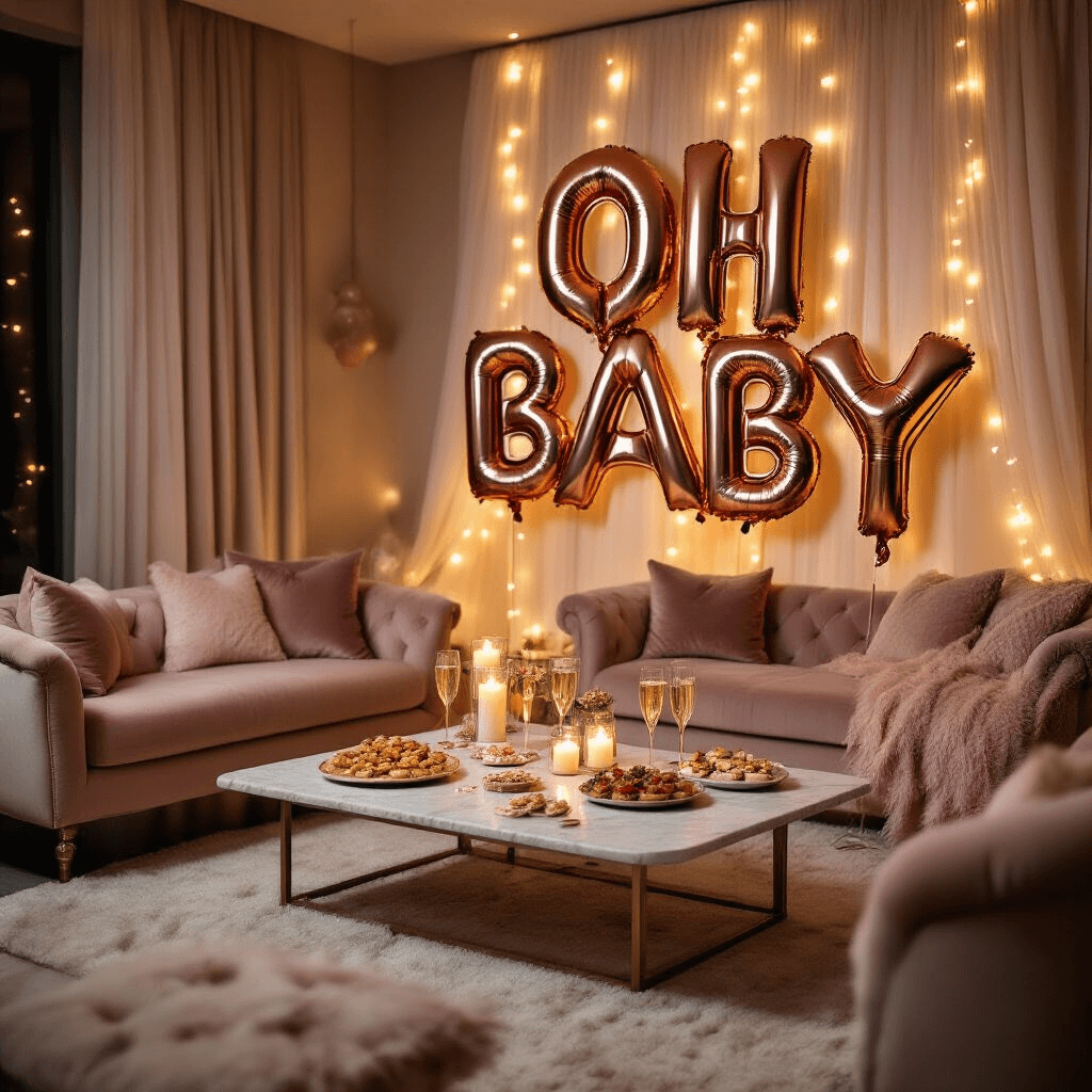 Ultimate Guide to Baby Shower Balloons: Creating Magical Moments on a Budget An intimate living room gender reveal party featuring warm candlelight, a balloon installation spelling 'OH BABY' in metallic gold and rose gold, plush velvet seating around a low marble coffee table with elegant appetizers and champagne flutes, and soft tulle drapery with fairy lights creating a dreamy atmosphere. A close-up highlights the glowing balloons and cozy textures.