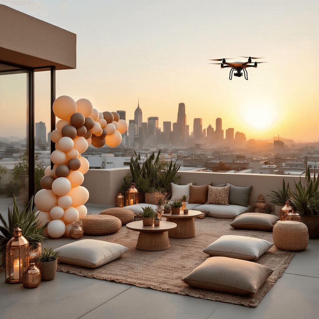 Ultimate Guide to Baby Shower Balloons: Creating Magical Moments on a Budget A rooftop celebration at golden hour with a minimalist balloon garland in cream, taupe, and sage, featuring Moroccan-inspired seating with floor cushions and low tables, copper lanterns, potted succulents, and woven textiles, set against a city skyline backdrop.