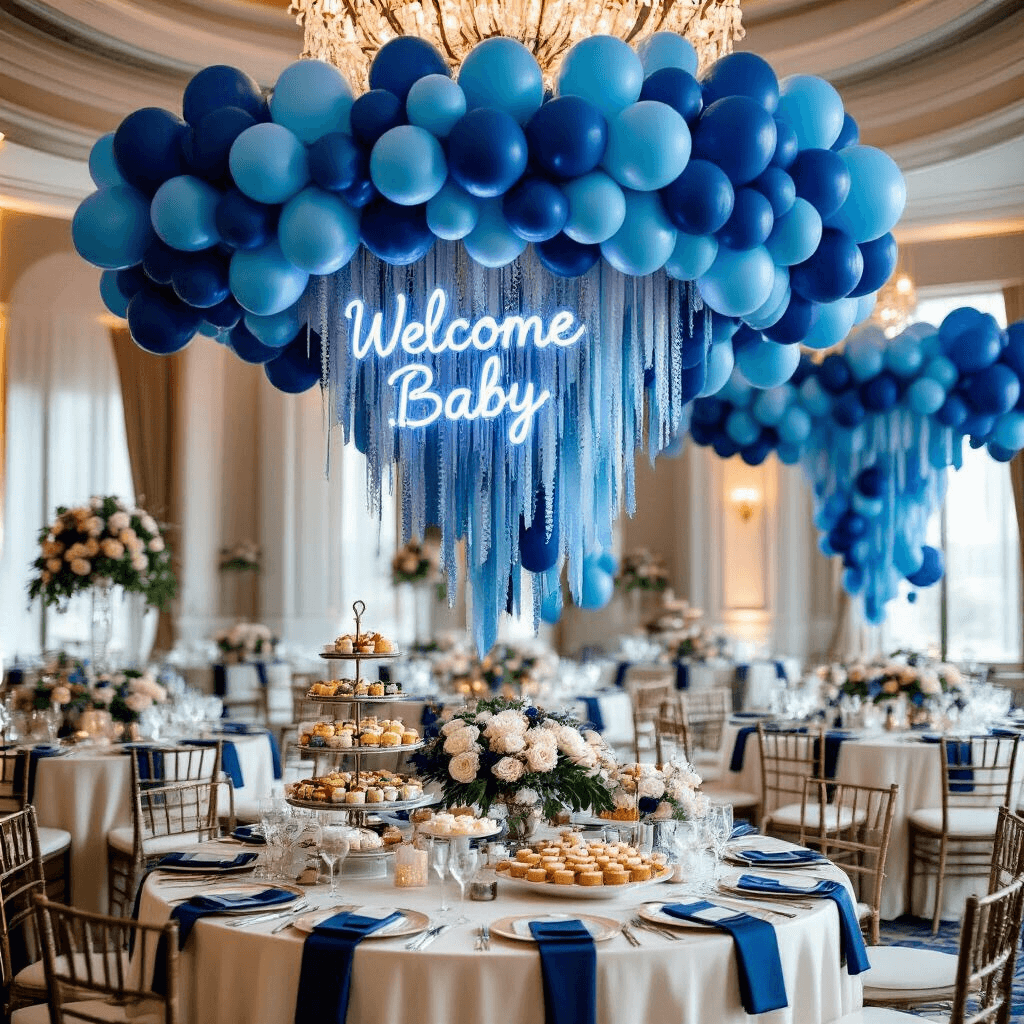 Ultimate Guide to Baby Shower Balloons: Creating Magical Moments on a Budget An elegant ballroom decorated with ombré blue balloons from the chandelier, round tables with ivory linens and tall floral centerpieces, silver chargers with navy napkins, a colorful dessert cart, and a modern 'Welcome Baby' neon sign.