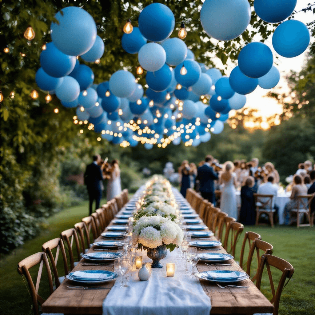 Blue Balloons: The Ultimate Guide to Styling, Photography, and Event Decor A dreamy outdoor wedding reception at golden hour in a lush garden, featuring a rustic wooden table under a canopy of blue balloons and soft fairy lights, adorned with white linen and vintage blue china, while guests mingle and a string quartet plays in the background.