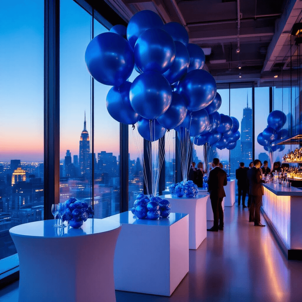 Blue Balloons: The Ultimate Guide to Styling, Photography, and Event Decor Elegant corporate event on a modern rooftop with stunning city skyline views, featuring sleek white high-top tables adorned with metallic blue balloon arrangements, cool blue uplighting, and a backlit bar serving blue cocktails, as guests in formal attire mingle in a luxe minimal aesthetic.
