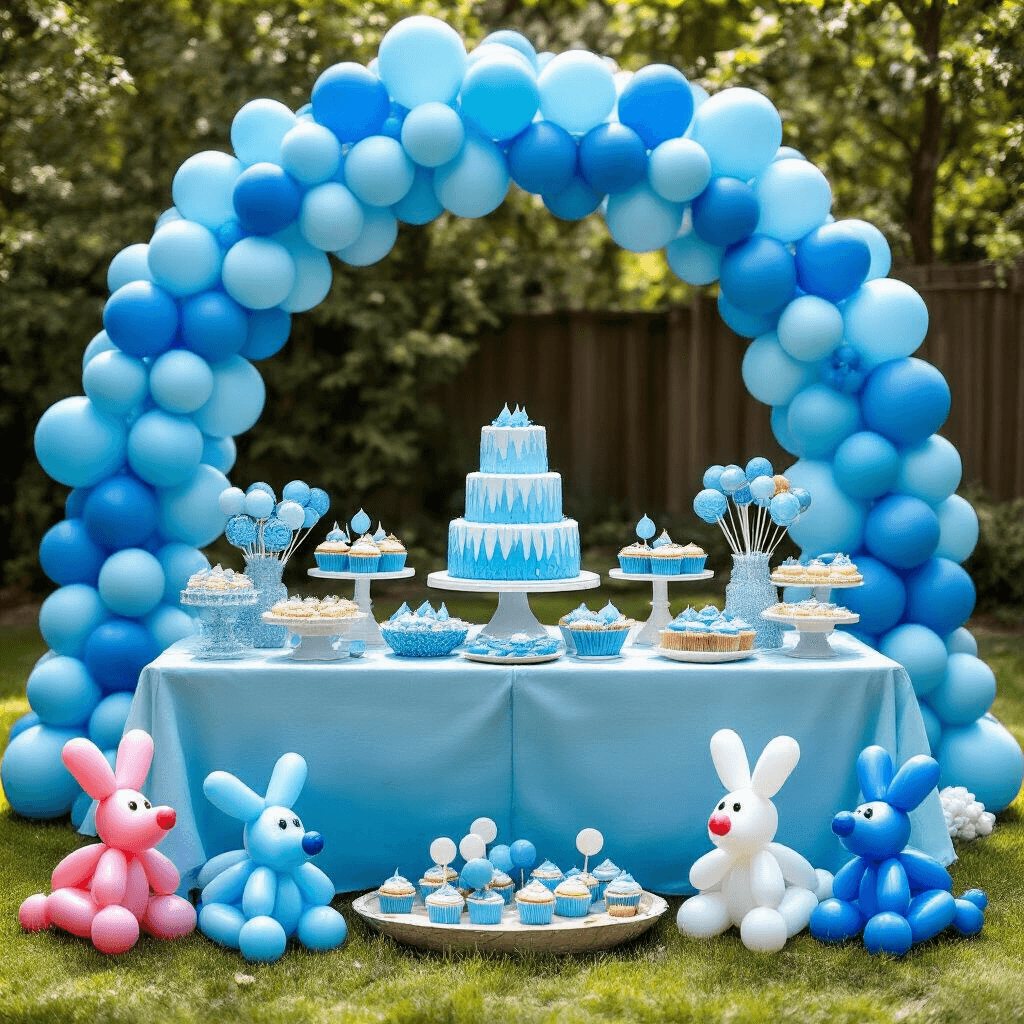 Blue Balloons: The Ultimate Guide to Styling, Photography, and Event Decor Whimsical children's birthday party in a sunlit backyard, featuring an arch of blue balloons above a dessert table with an ombré blue tablecloth, a tiered cake with fondant water droplets, colorful candy, cupcakes, and cookie pops, surrounded by oversized blue balloon animals and playing children.
