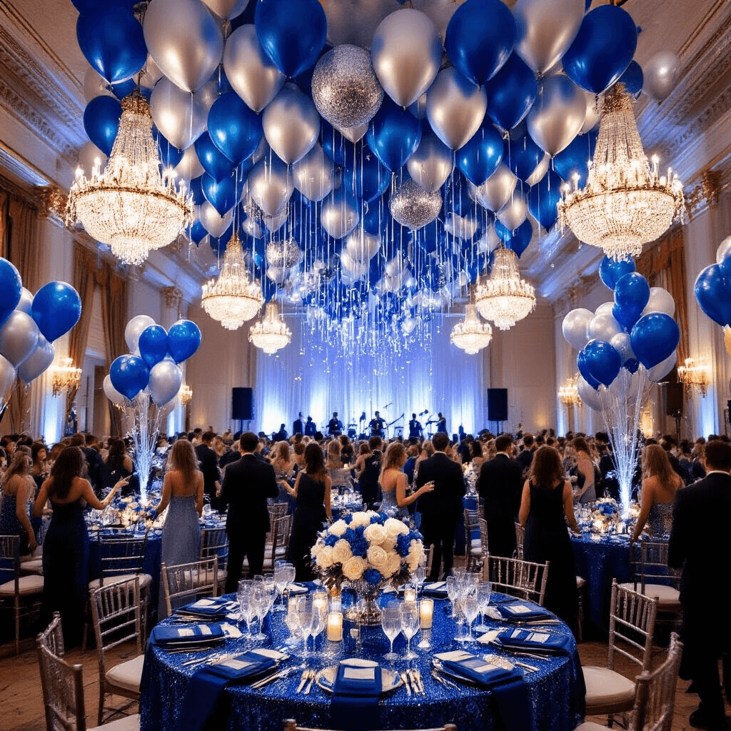Blue Balloons: The Ultimate Guide to Styling, Photography, and Event Decor A glamorous New Year's Eve party in a grand ballroom, featuring clusters of midnight blue, sapphire, and silver balloons, shimmering sequined tablecloths, and elegant centerpieces, as guests in glittering attire dance under sparkling crystal chandeliers.