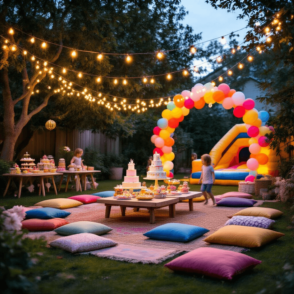Ultimate Guide to Helium Balloons: Elevate Your Party Decorations A whimsical children's birthday party at twilight, featuring a colorful setup with fairy lights, cozy seating areas, a bounce house, and a dessert table adorned with a tiered cake and balloons, capturing a playful atmosphere as children play.