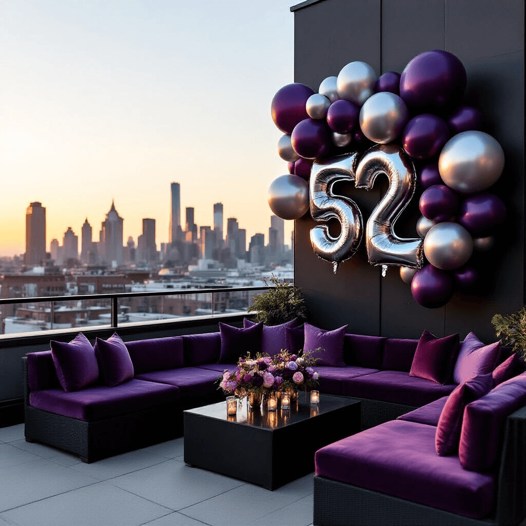 Balloons: The Ultimate Event Decor Guide - From DIY to Luxury Styling An intimate rooftop celebration at golden hour, featuring oversized silver mylar numbers against a backdrop of matte black and metallic balloons, with low lounge seating and elegant balloon bouquets in deep purple and lavender, set against a sleek city skyline as the sun sets.