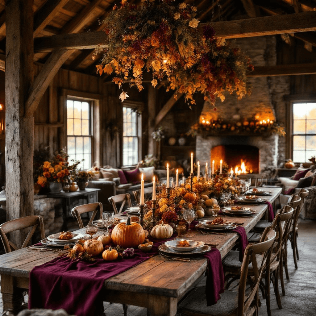 Ultimate Guide to Helium Balloons: Elevate Your Party Decorations A cozy autumn dinner party in a rustic barn, featuring a harvest table set with mismatched vintage china, copper accents, and rich burgundy linens. The warm candlelight flickers off weathered wooden beams and stone walls, while seasonal centerpieces of pumpkins and autumn leaves enhance the festive atmosphere. Comfortable armchairs surround a welcoming fireplace, and hanging installations of dried flowers add texture to the scene.